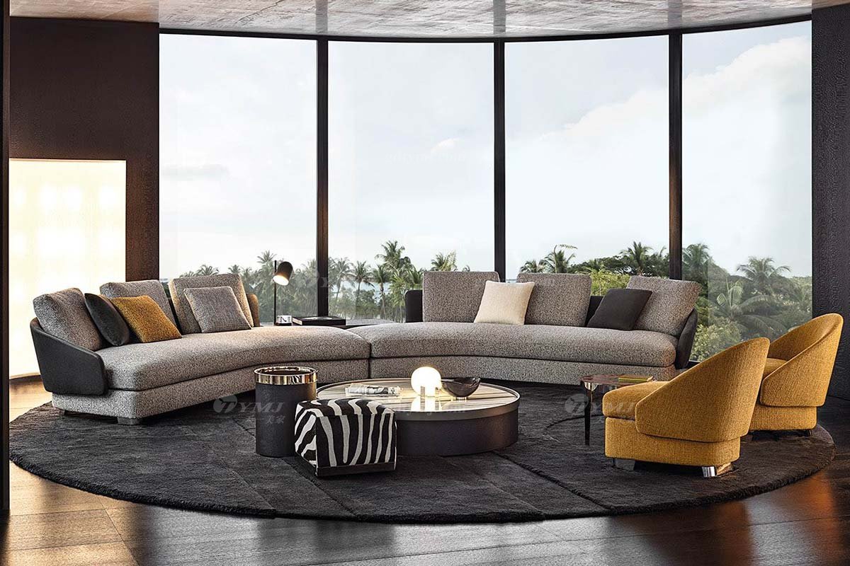 時尚高端現代極簡家具別墅大宅家用舒灰色布藝轉角沙發F9603B沙發場景1