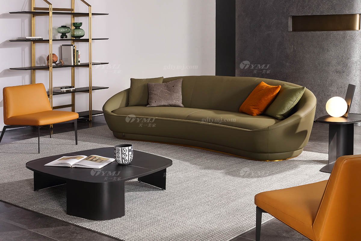 時(shí)尚高端現(xiàn)代極簡家具別墅大宅舒適大氣綠色真皮四人位沙發(fā)四人位沙發(fā)