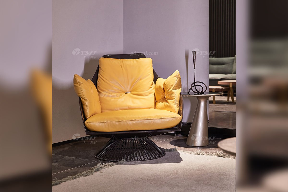 時(shí)尚高端現(xiàn)代簡約家具家用別墅舒適黃色真皮+玻璃鋼休閑椅7120-1