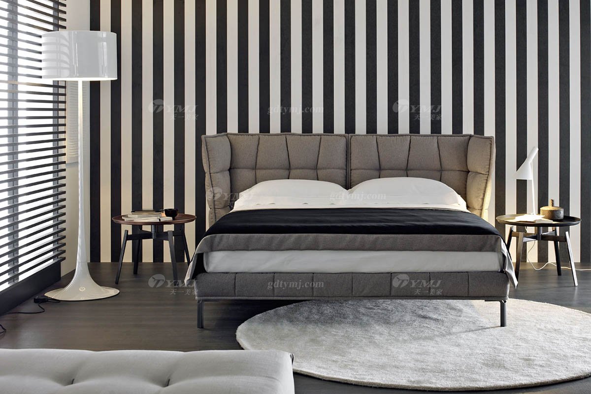  現代簡約家具高端別墅會所家用時尚舒適灰色布藝主人房大床婚床雙人床A2295B場景