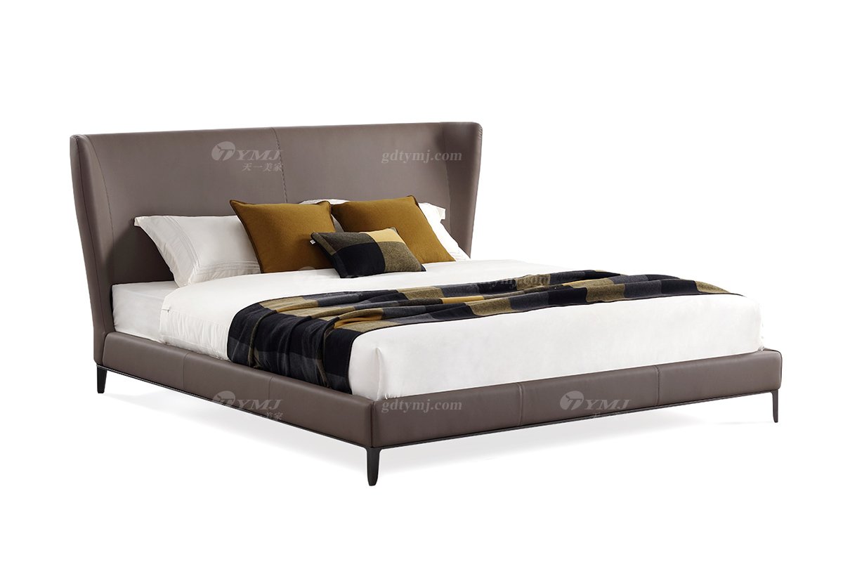 現(xiàn)代簡(jiǎn)約家具高端別墅會(huì)所家用時(shí)尚舒適深灰色真皮大床婚床雙人床A2312-1