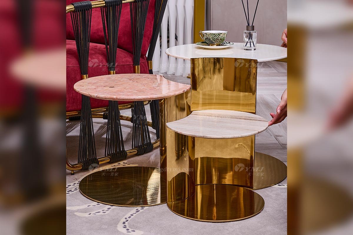 意式輕奢家具高端別墅會所家用時尚創意高級鈦金屬小圓幾角幾組合FB122H2RA+B+C場景