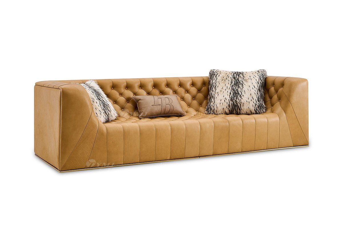 意式輕奢家具高端別墅會所家用時尚舒適大氣豪宅金屬+黃色拉扣四位沙發FB133SF4-1