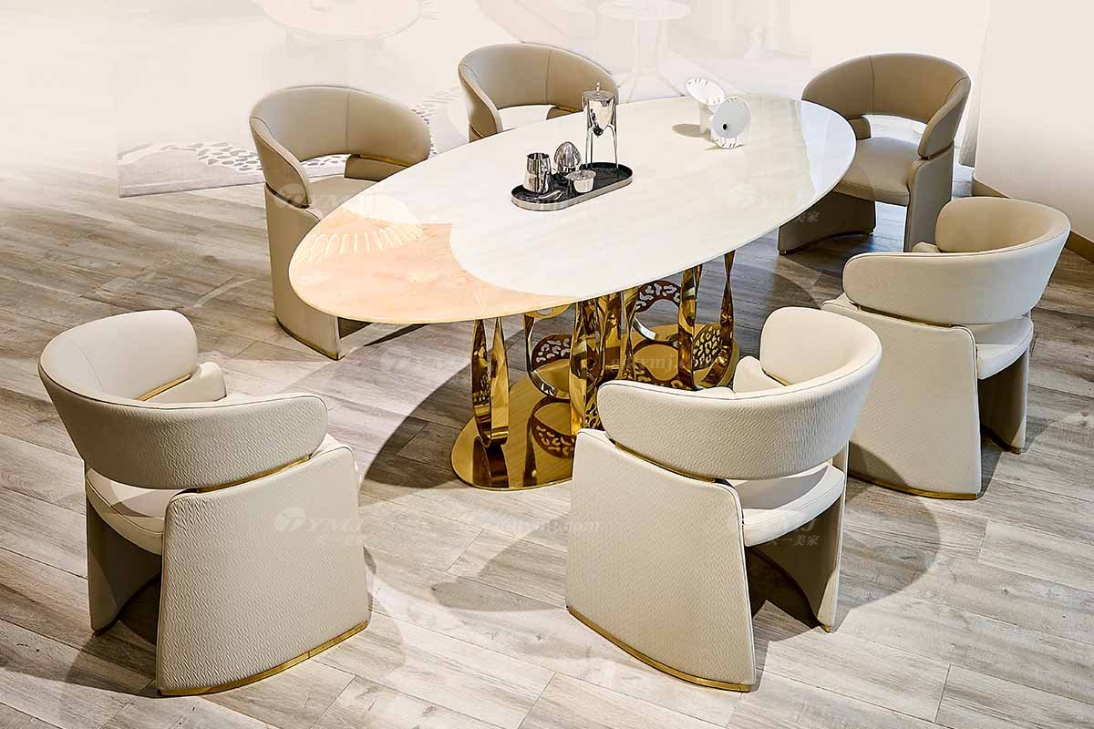 意式輕奢家具高端別墅會所大宅家用時尚2.4米天然大理石+鈦金屬長餐臺FB119D25CXL場景